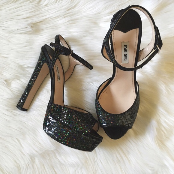 Miu Miu Sequin Sandal Platforms - Picture 1 of 3